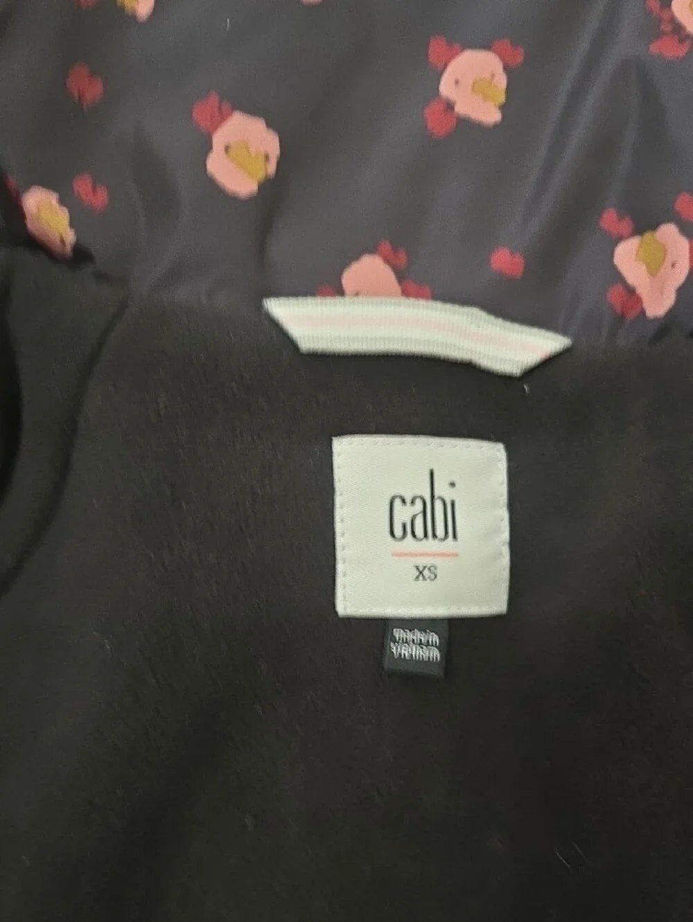 CAbi Black Puffer Jacket with Pink Spot Floral Print XS